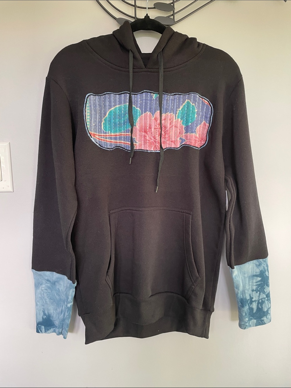 Black Hoodie with Kantha Quilt Patch and Blue Tie-Dye Cuffs
